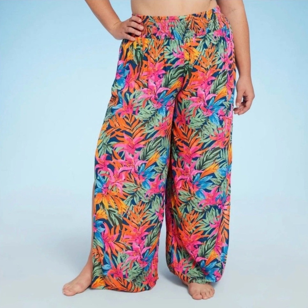 Tropical Resort Wide-Leg Beach Pants - Vibrant Floral Print - SZ L